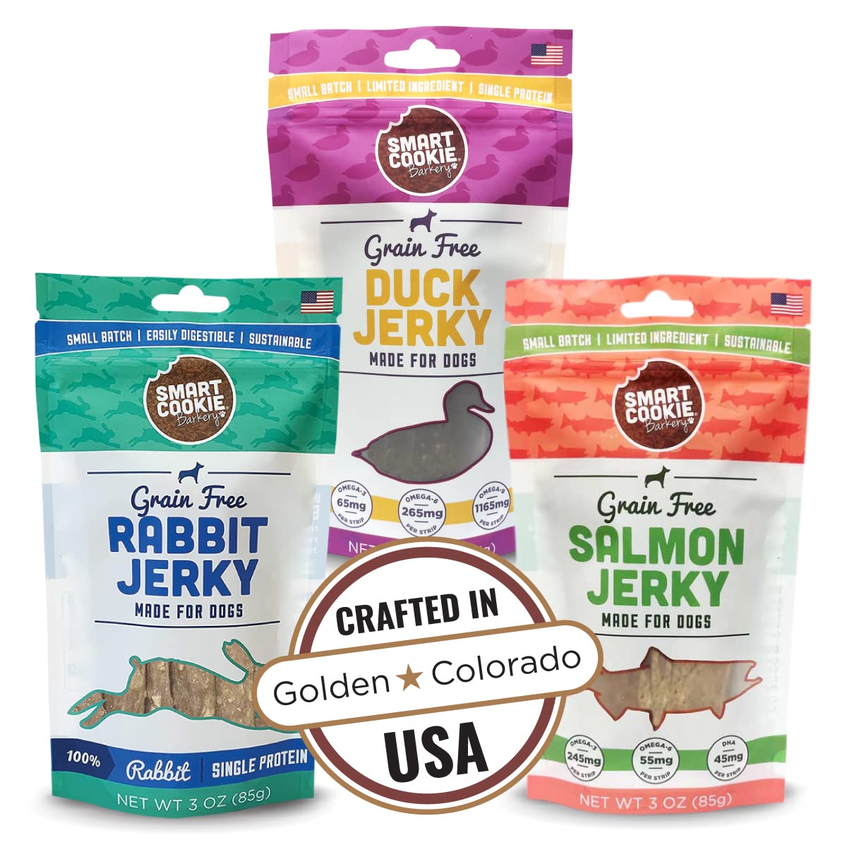 Smart Cookie Jerky Dog Treats - 3 Flavor Variety Pack - Rabbit Salmon & Duck Jerky Dog Treats - Training Treats for Dogs Puppies with Allergies Sensitive Stomachs - Grain Free Made in USA - 3oz
