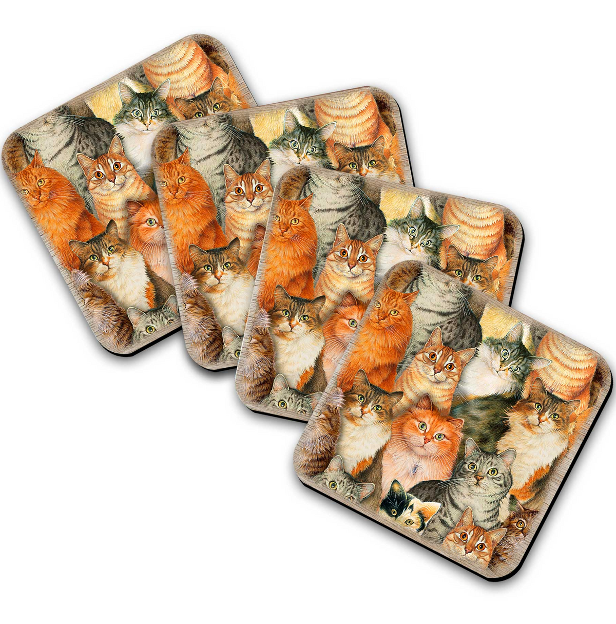 Sophisticated Cats Family Wooden Cork Coasters Gift Set of 4 - Cat Dog Pets Decor - 8199435C-S4