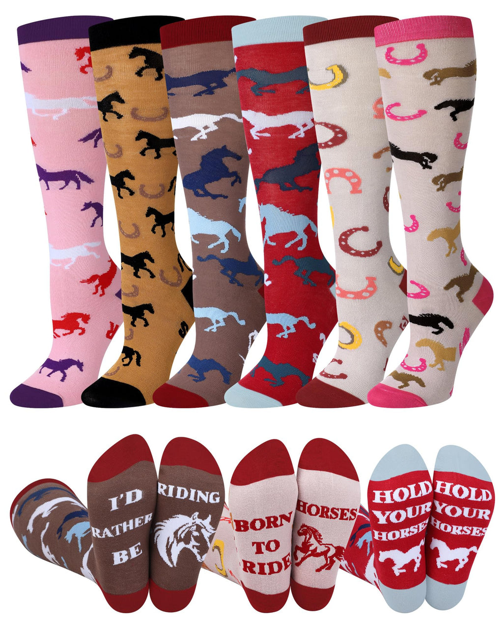 Chuarry 6 Pairs Funny Equestrian Socks for Women Knee High Horse Riding Socks Novelty Western Boot Socks for Horse Lover Gifts Equestrians Cow Derby Party Favors