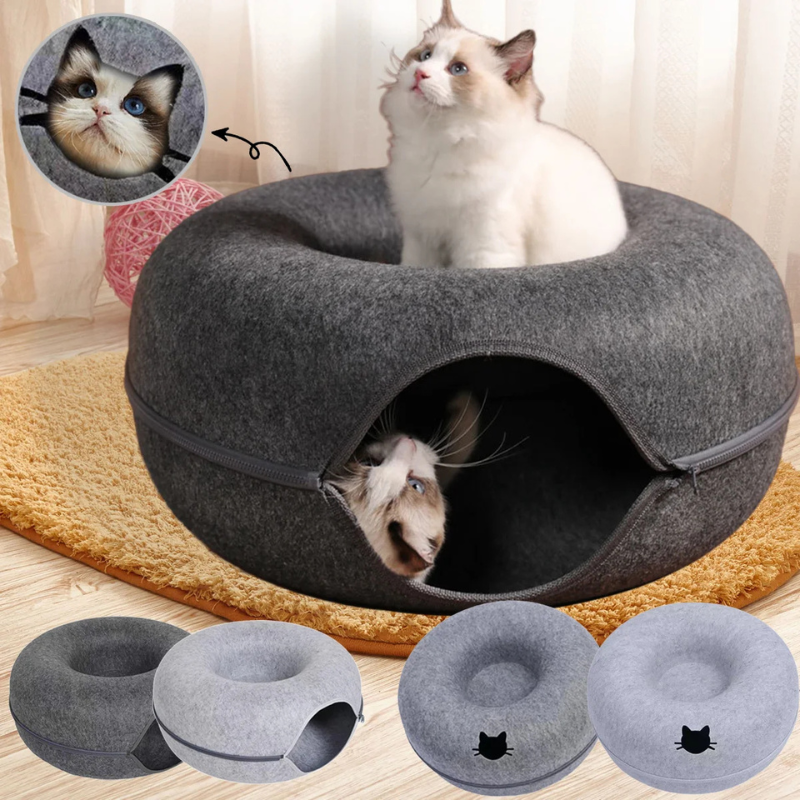 Felt Donut Cat Bed with Tunnel and Hideaway