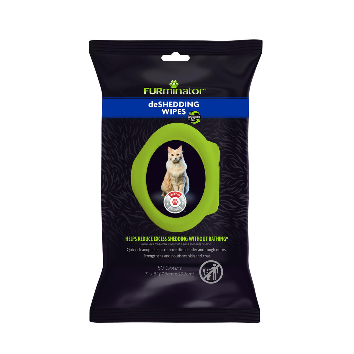 Furminator DeShedding Grooming Wipes for Cats Refresh and Deodorize Coat Without Bathing 50 Count