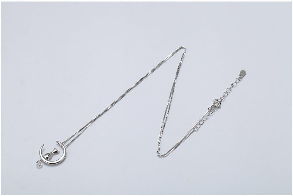 Moon Cat Pendant Necklace Sterling Silver Box Chain for Women Celestial Jewelry 18“
