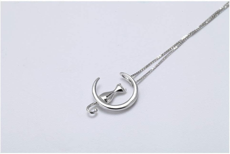 Moon Cat Pendant Necklace Sterling Silver Box Chain for Women Celestial Jewelry 18“