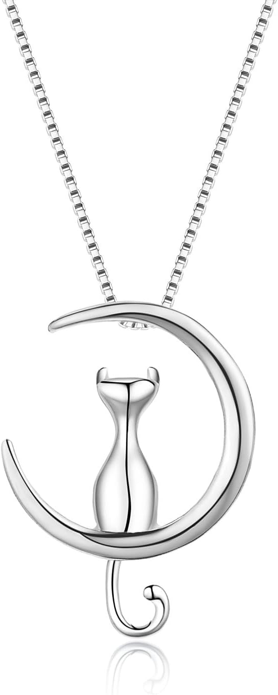 Moon Cat Pendant Necklace Sterling Silver Box Chain for Women Celestial Jewelry 18“