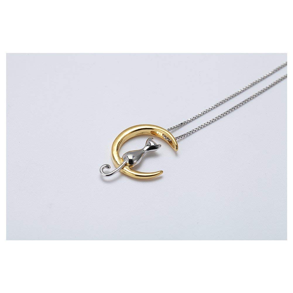 Moon Cat Pendant Necklace Sterling Silver Box Chain for Women Celestial Jewelry 18“