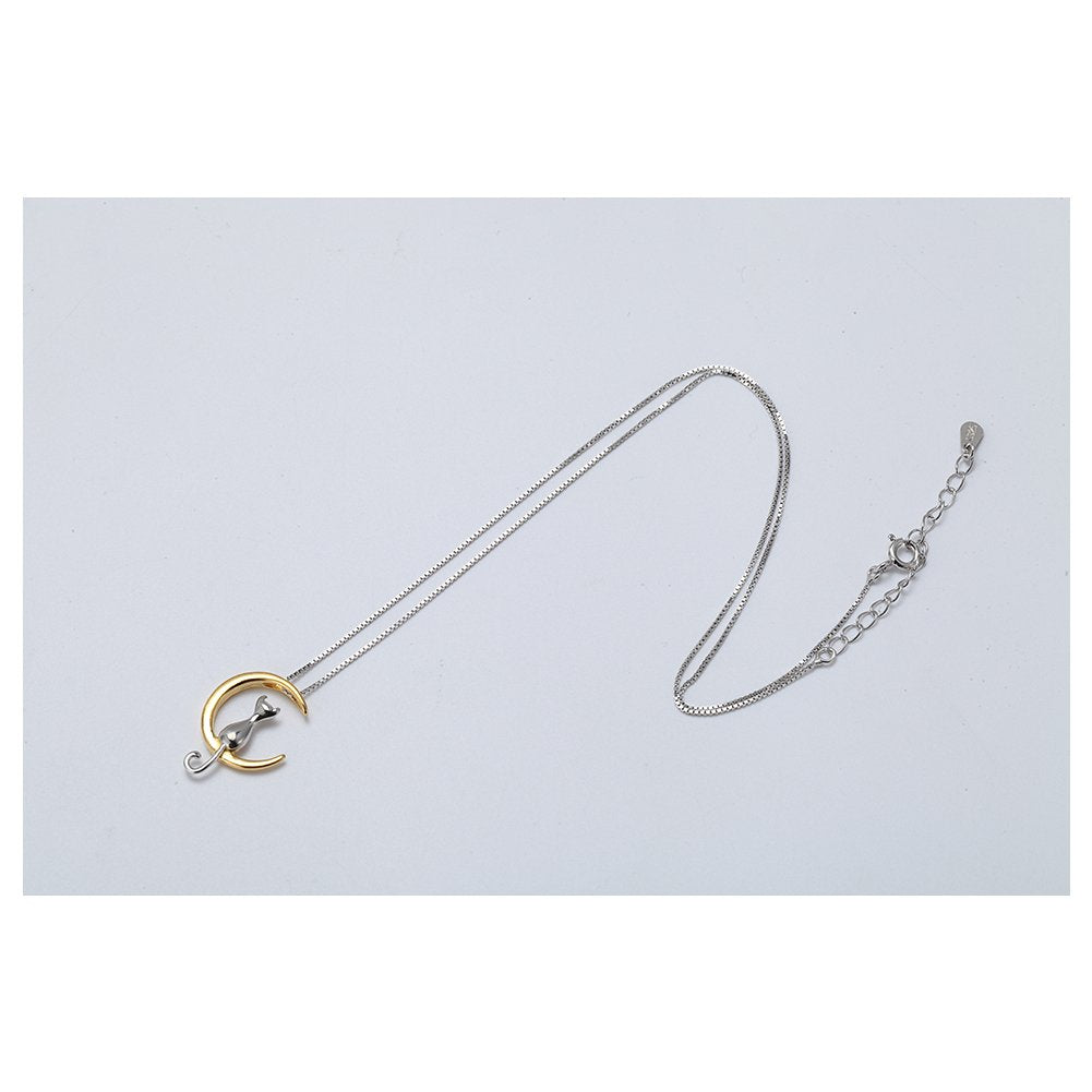Moon Cat Pendant Necklace Sterling Silver Box Chain for Women Celestial Jewelry 18“