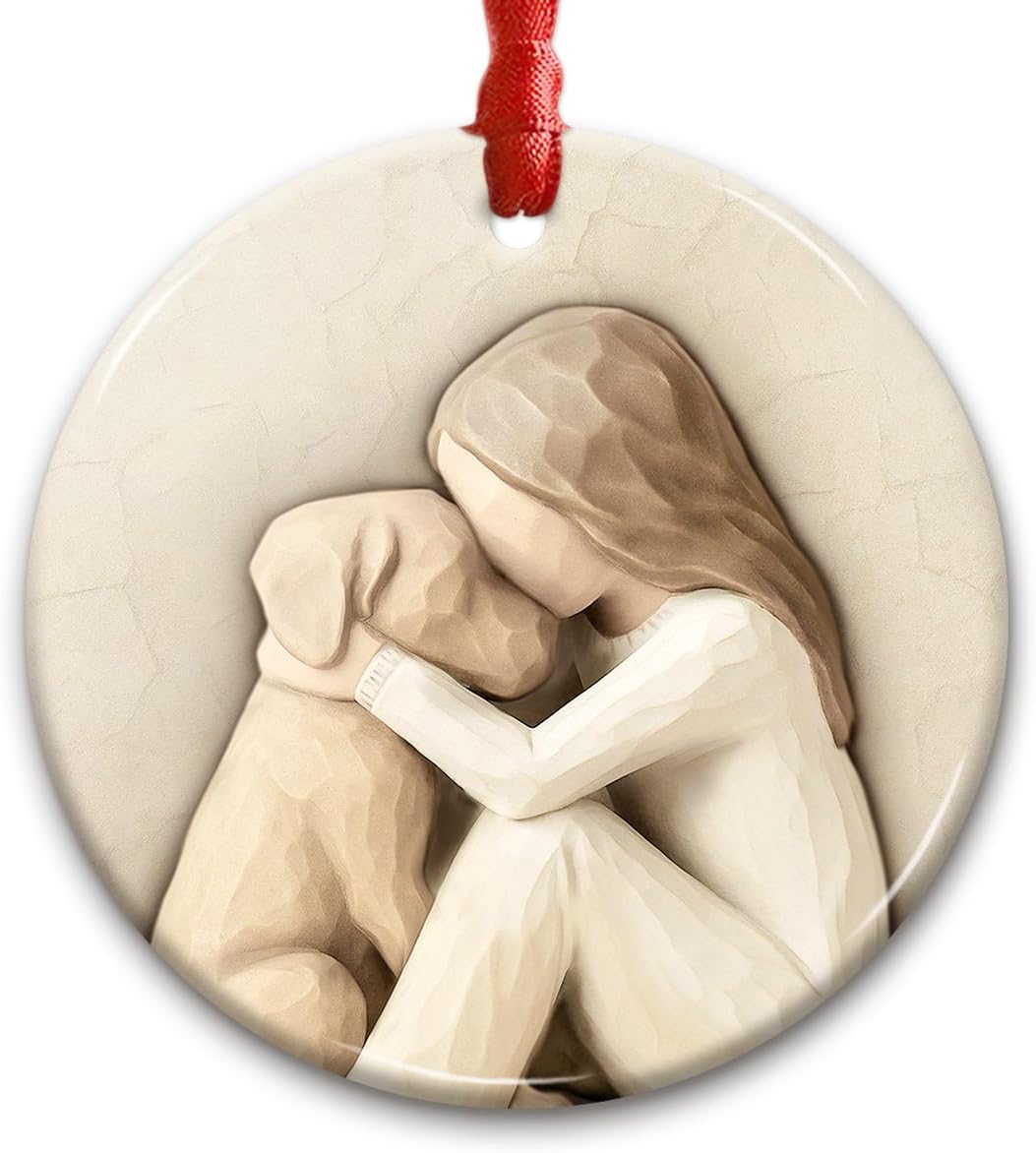Dog Lover Christmas Ornament - Rustic Girl Loves Dog Ceramic Decoration - Meaningful Holiday Keepsake - Pet Gift for Women, Girls, Pup Owners