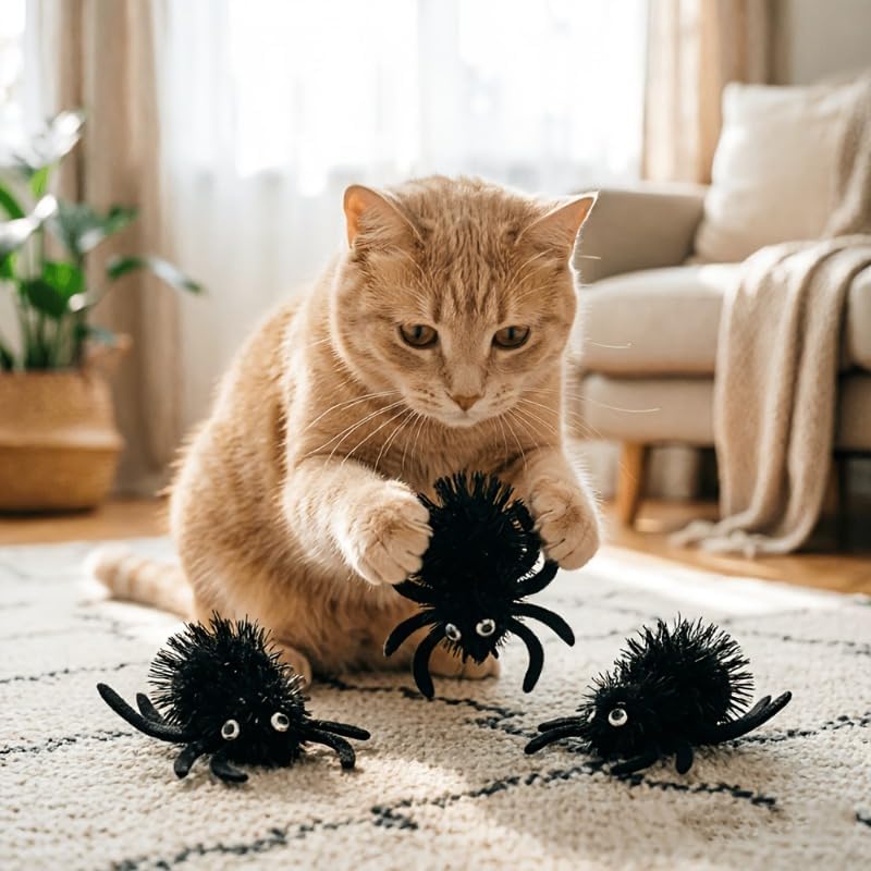 3-Pack Black Spider Cat Toys – Soft Plush Chew Toys with Interactive Web Design, Teething Boredom Relief, Indoor Play Halloween Year-Round