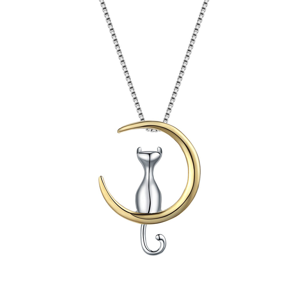 Moon Cat Pendant Necklace Sterling Silver Box Chain for Women Celestial Jewelry 18“