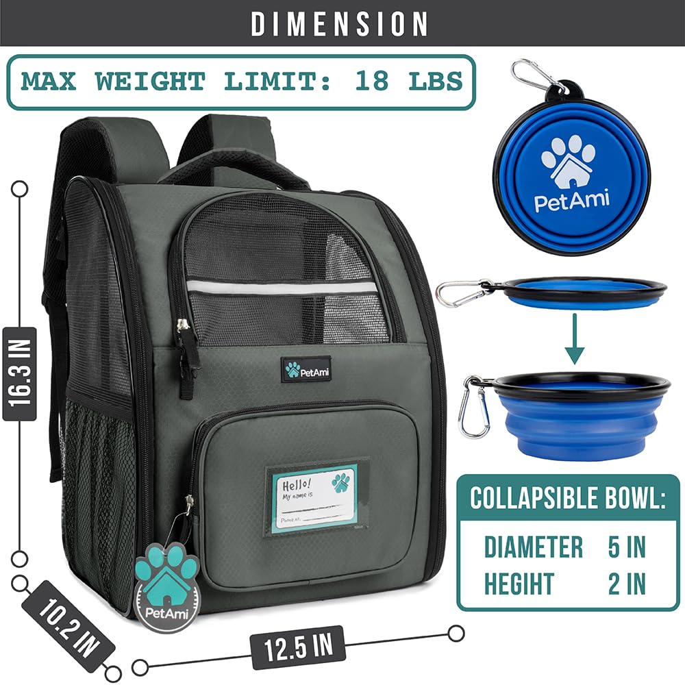 PetAmi Dog Backpack Carrier Airline Approved Cat Pet Puppy Bag, Grey