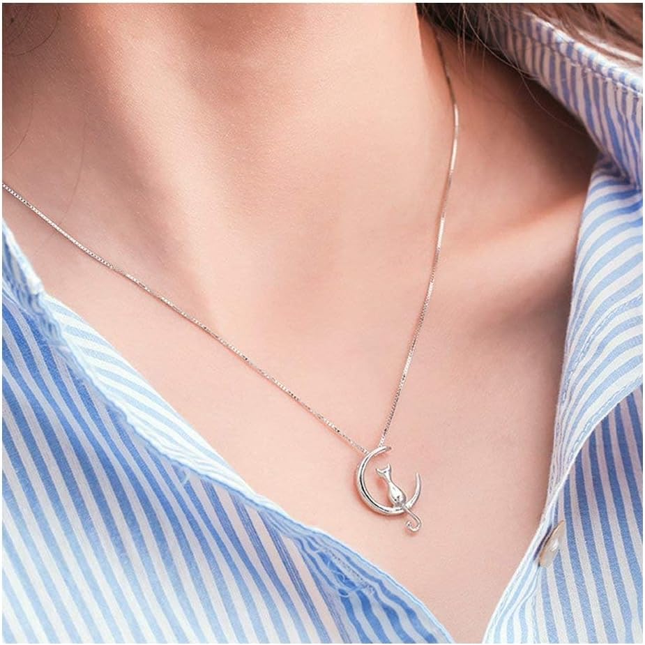 Moon Cat Pendant Necklace Sterling Silver Box Chain for Women Celestial Jewelry 18“
