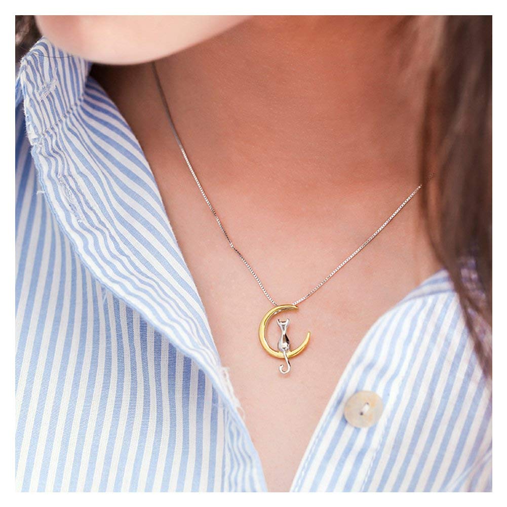Moon Cat Pendant Necklace Sterling Silver Box Chain for Women Celestial Jewelry 18“