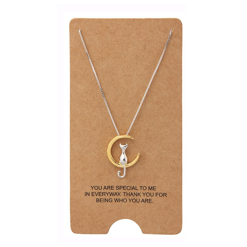 Moon Cat Pendant Necklace Sterling Silver Box Chain for Women Celestial Jewelry 18“