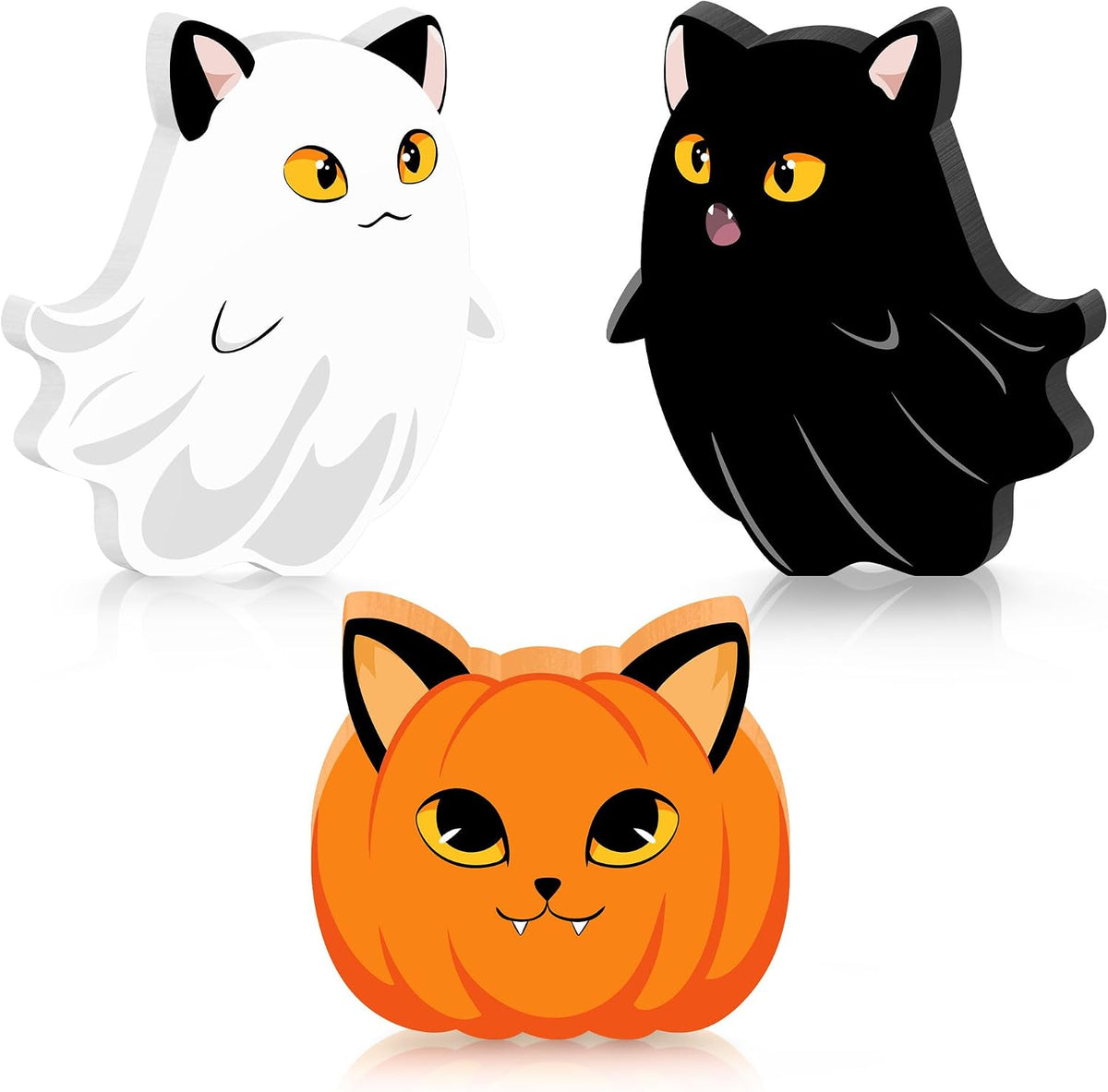 Halloween Cat Ghost Wooden Signs Pumpkin Decor, 3PCS Cute Halloween Table Signs Pumpkin Black Cat Freestanding Decorative Signs, Halloween Tiered Tray Centerpiece Indoor Home Decorations
