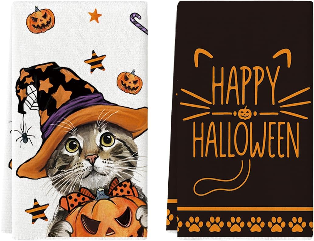 Artoid Mode Pumpkin Cat Halloween Kitchen Towels Set of 2 18x26 Inch