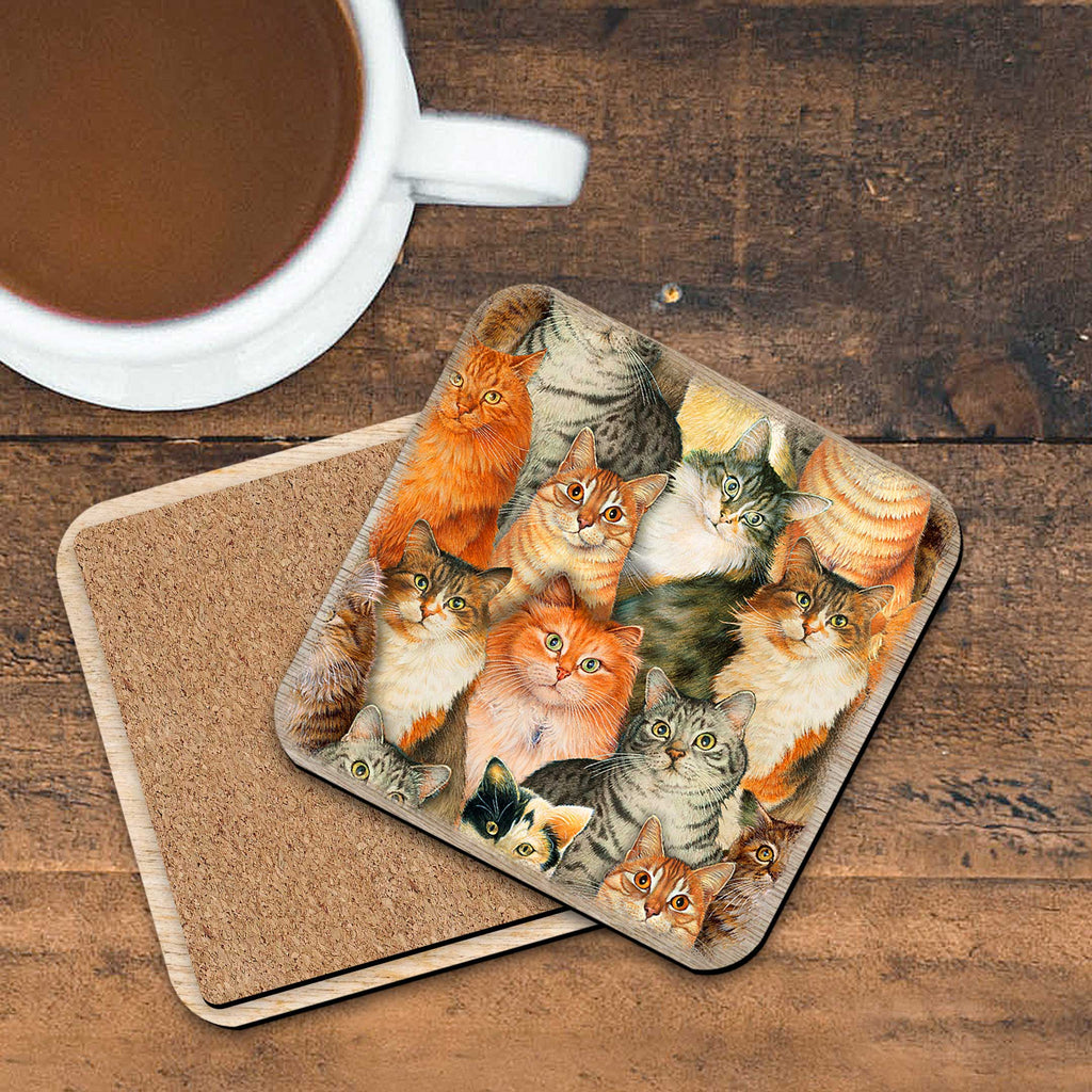Sophisticated Cats Family Wooden Cork Coasters Gift Set of 4 - Cat Dog Pets Decor - 8199435C-S4