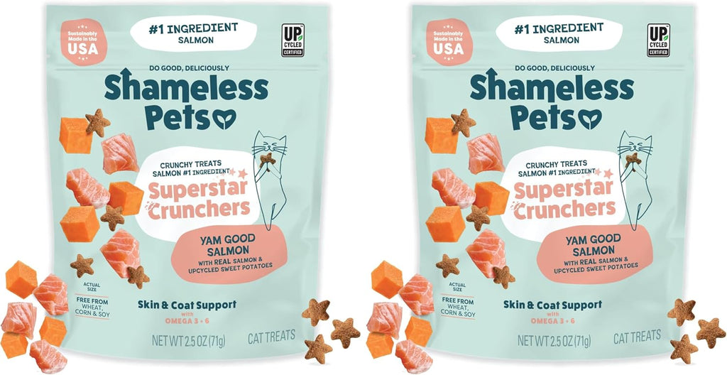 Shameless Pets Crunchy inCat Treats - Kitty Treats for Cats with Skin & Coat Support, Natural Ingredients Kitten Treats with Real Salmon, Healthy Flavored Feline Snacks - Yam Good Salmon, 1-Pk