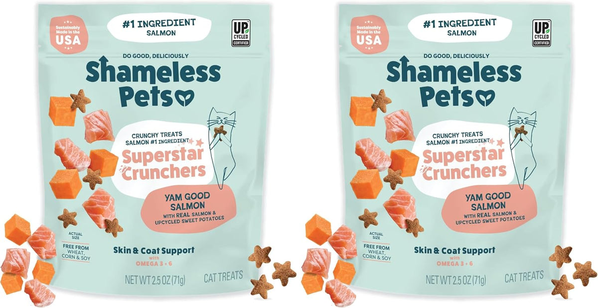 Shameless Pets Crunchy inCat Treats - Kitty Treats for Cats with Skin & Coat Support, Natural Ingredients Kitten Treats with Real Salmon, Healthy Flavored Feline Snacks - Yam Good Salmon, 1-Pk