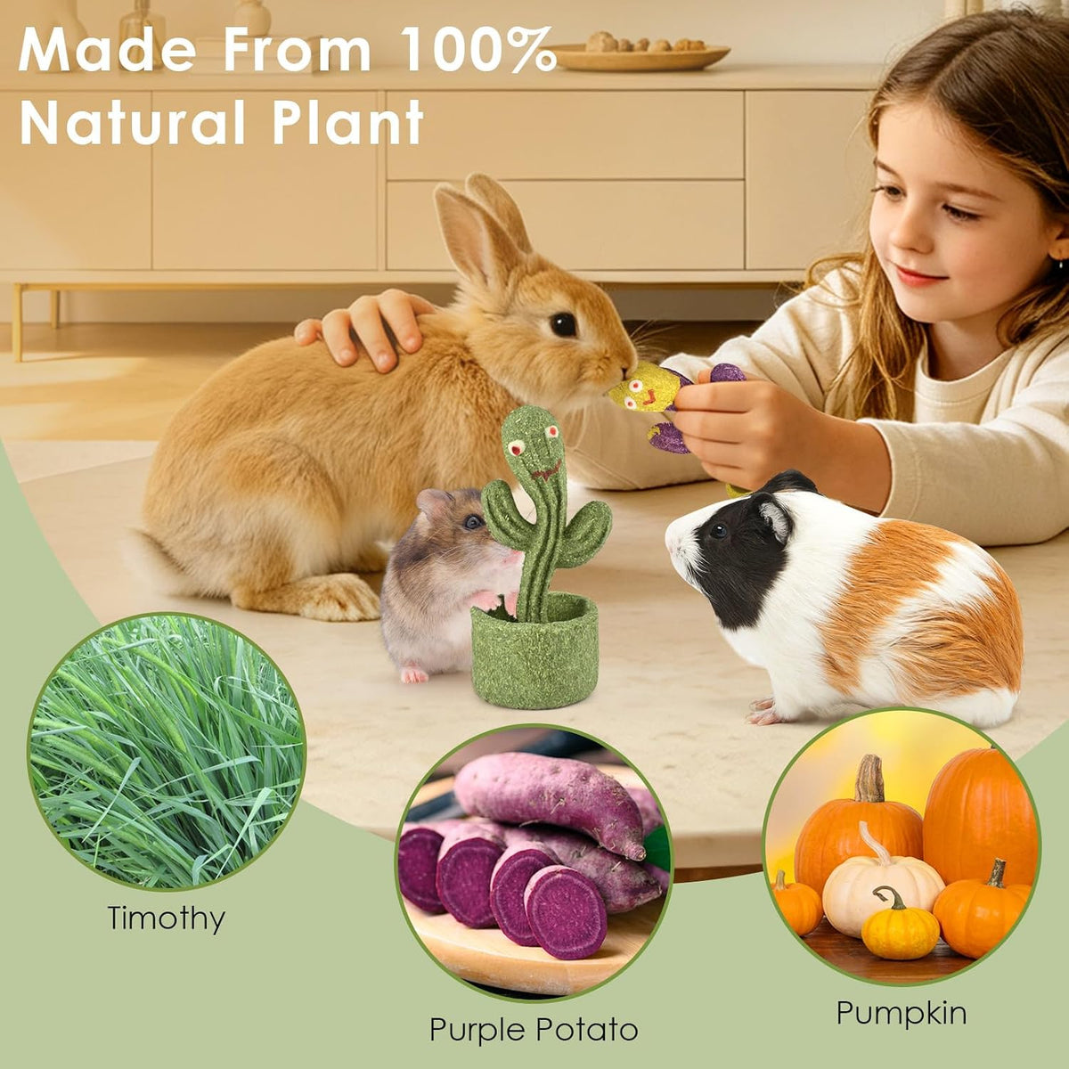 ERKOON 2Pcs Guinea Pig Chew Toys, Natural Timothy Grass & Vegetables Bunny Treats, Prevent Teeth Overgrowth, Small Animal Molar Toy for Rabbit, Hamster, Chinchilla, Gerbil Habitat Decor，Cactus-Shaped