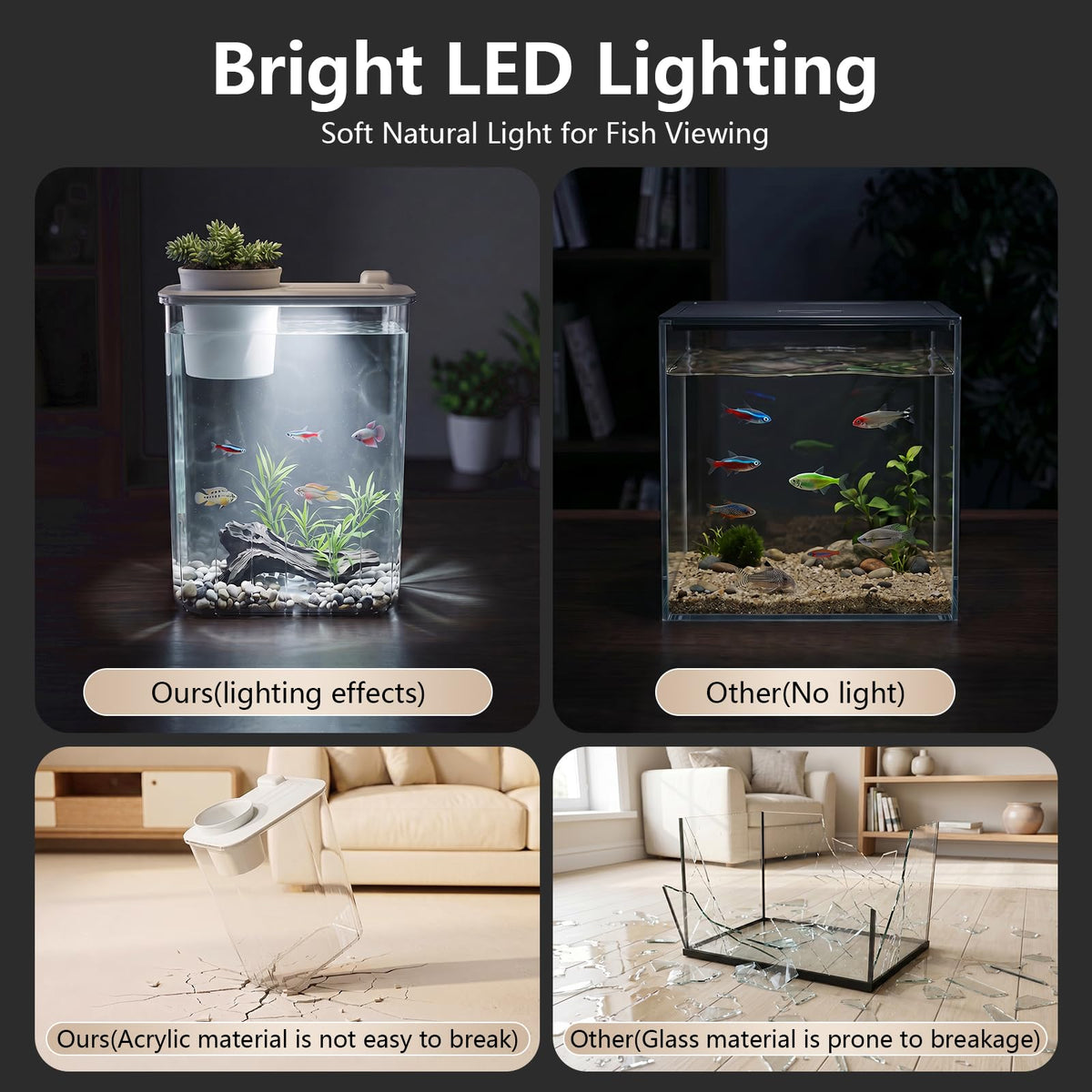 5 Gallon Fish Tank Aquarium Starter Kit with Filter and Light(Large Black)