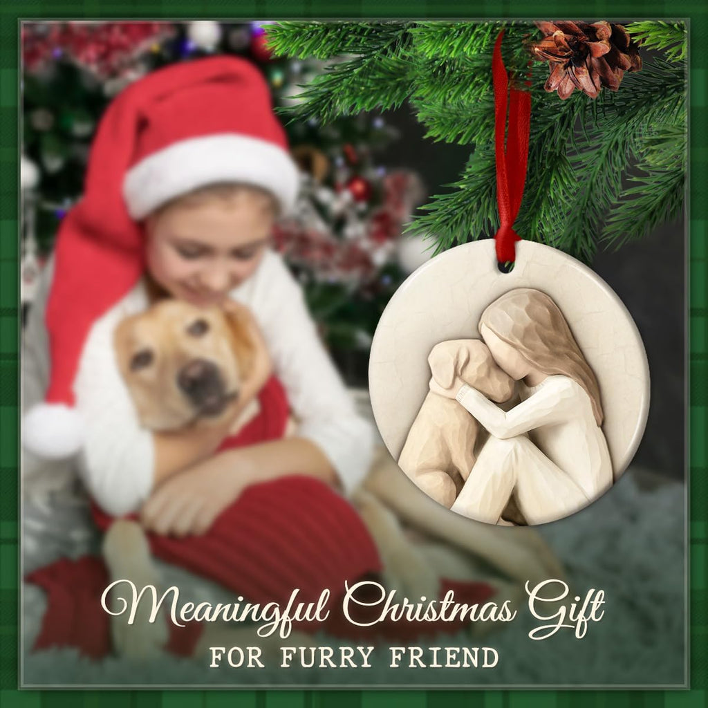 Dog Lover Christmas Ornament - Rustic Girl Loves Dog Ceramic Decoration - Meaningful Holiday Keepsake - Pet Gift for Women, Girls, Pup Owners