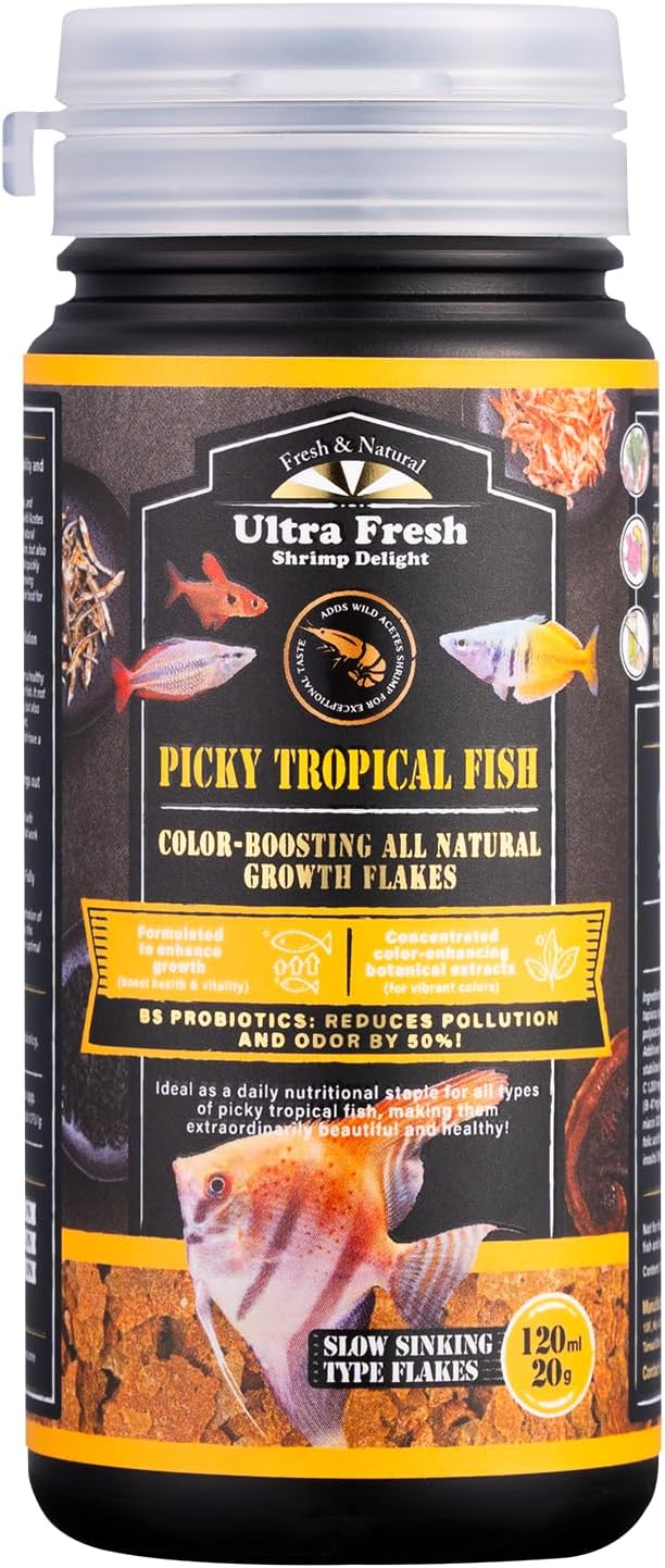 Ultra Fresh Tropical Fish Flakes Food, Color Boosting, All Natural, Complete Nutrition for Tropical Fish, Discus, Angelfish 0.7oz