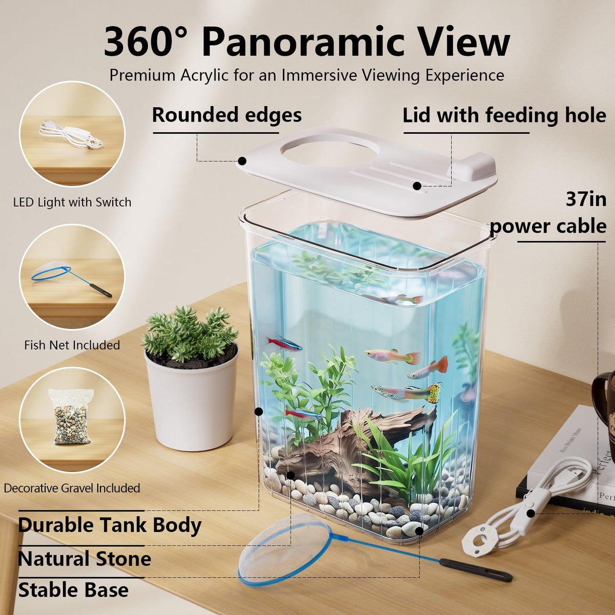 5 Gallon Fish Tank Aquarium Starter Kit with Filter and Light(Large Black)