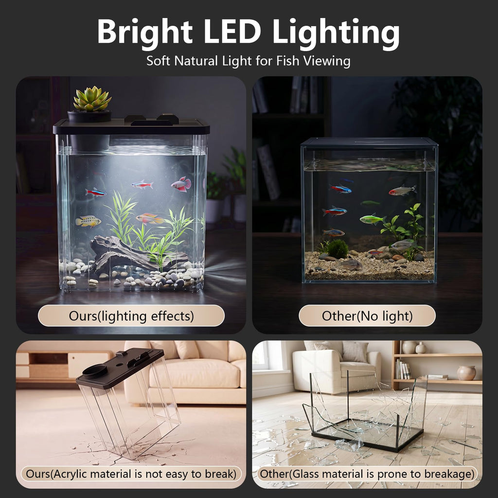 5 Gallon Fish Tank Aquarium Starter Kit with Filter and Light(Large Black)