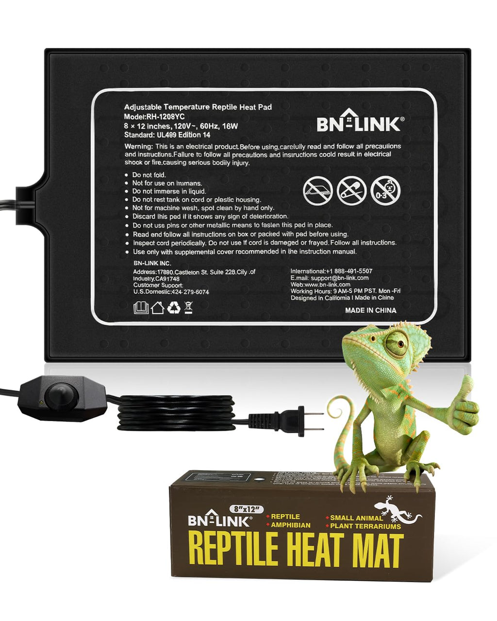 BN-LINK Reptile Heat Pad 8"X12" 16W for 30-40gal Under Tank Terrarium Heating Mat Waterproof for Turtle, Lizard, Frogs, Snake, Hermit Crab