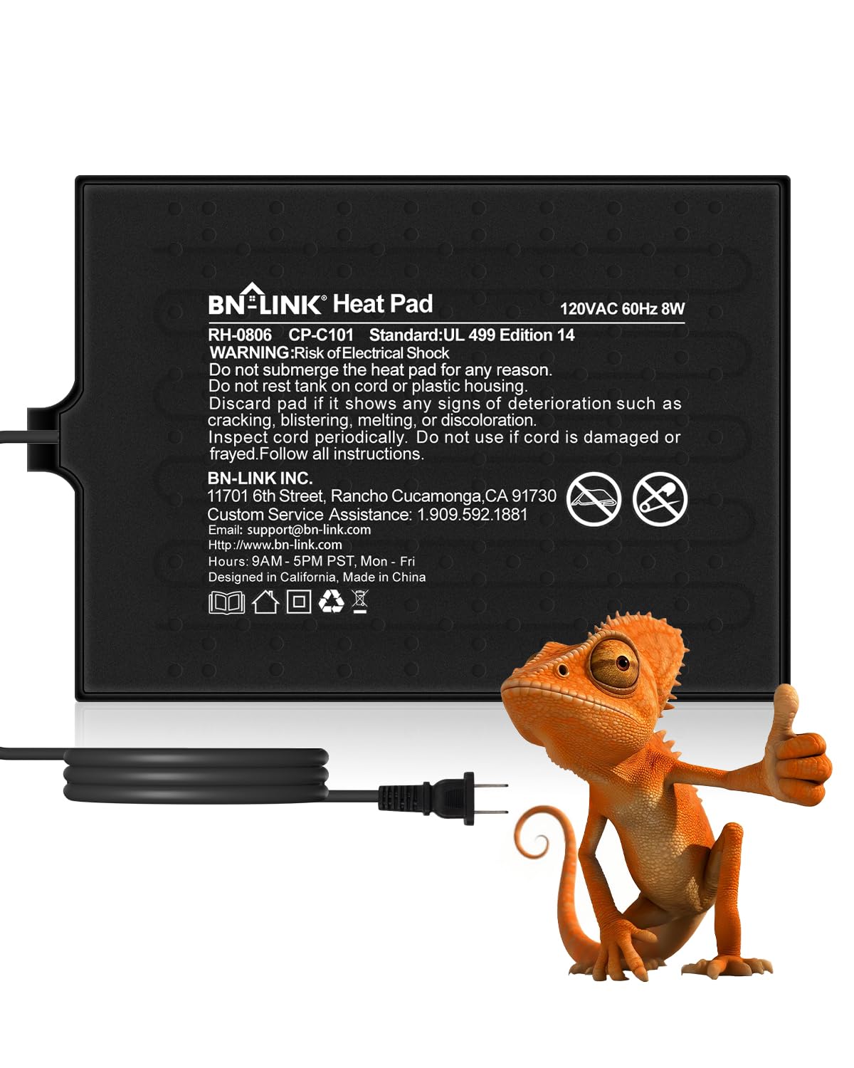 BN-LINK Reptile Heat Pad 8"X12" 16W for 30-40gal Under Tank Terrarium Heating Mat Waterproof for Turtle, Lizard, Frogs, Snake, Hermit Crab