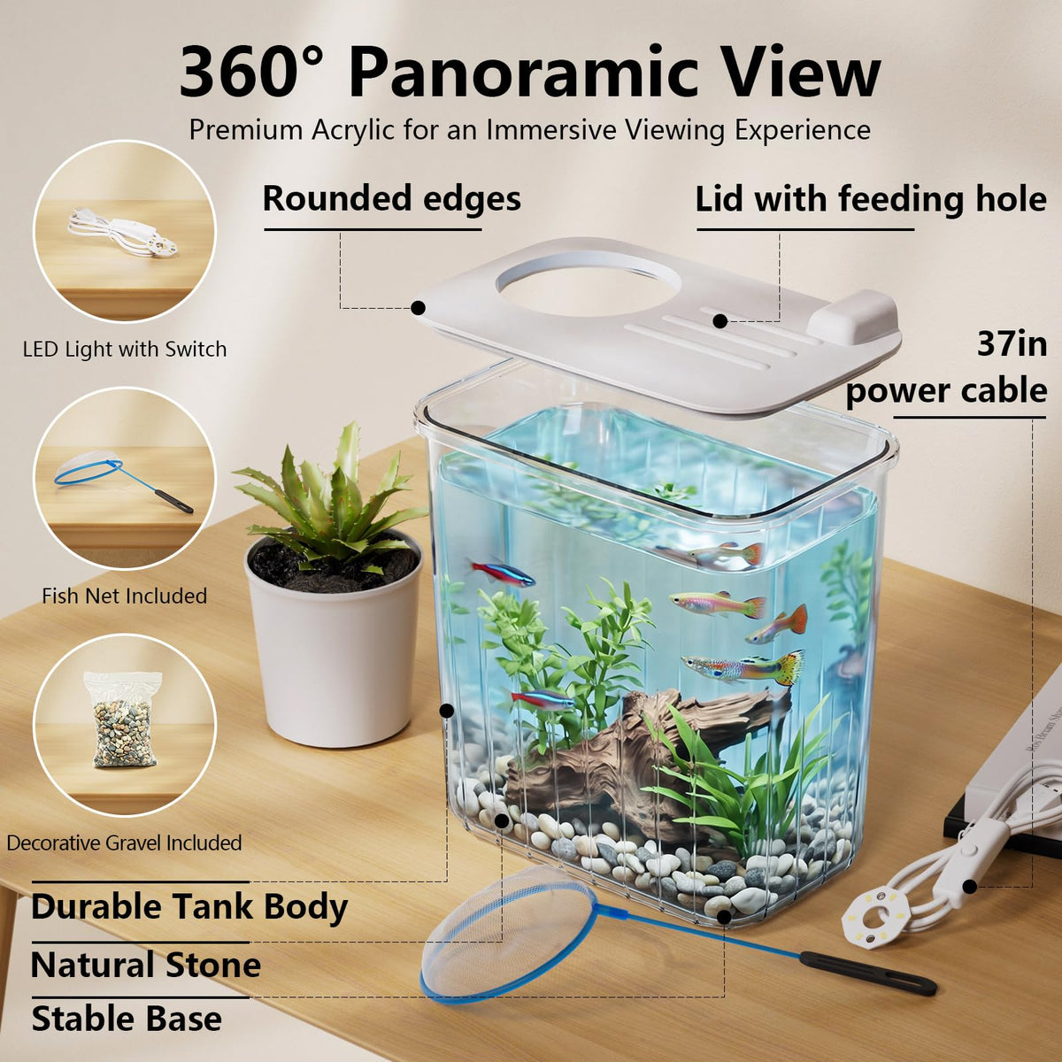 5 Gallon Fish Tank Aquarium Starter Kit with Filter and Light(Large Black)