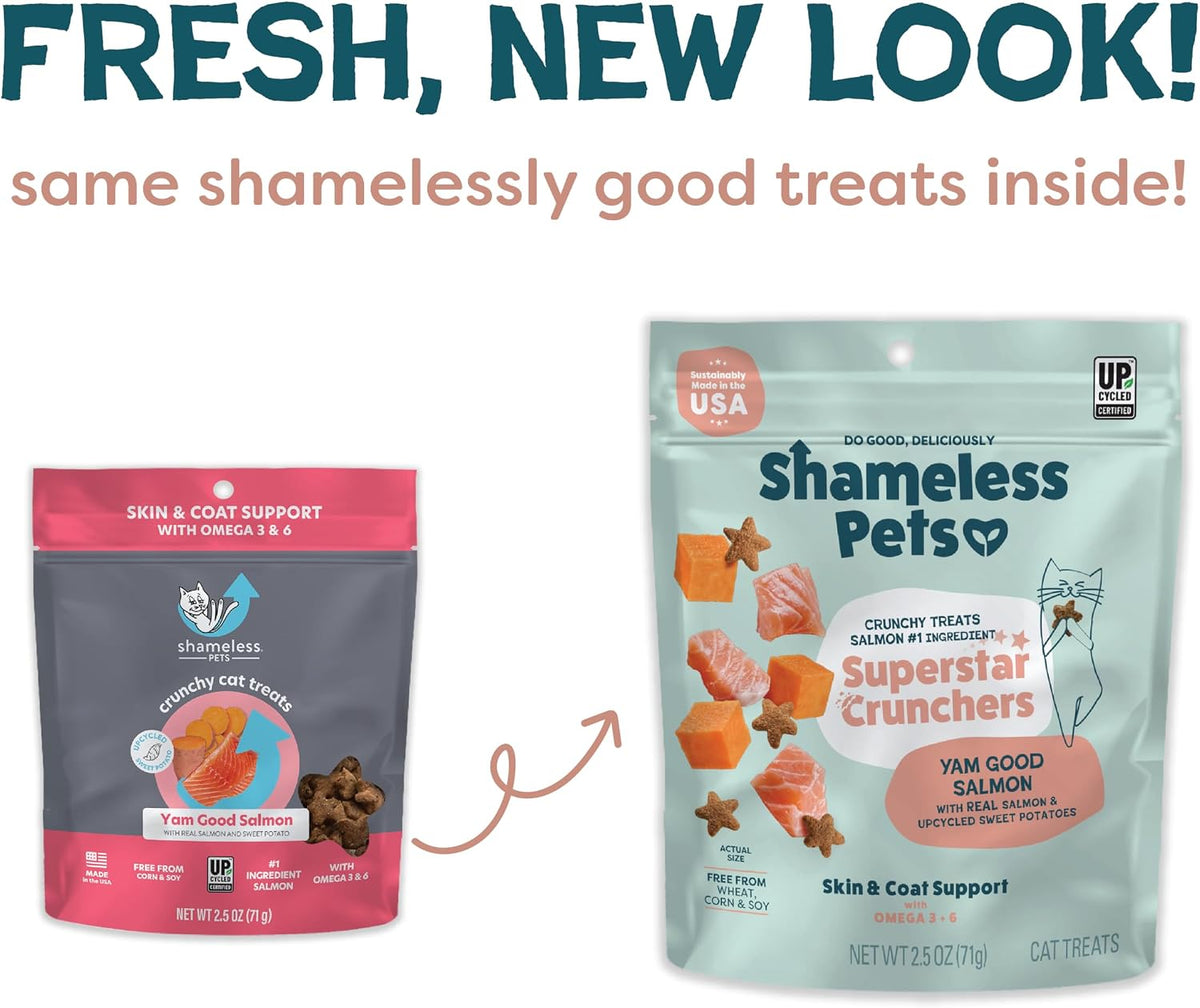 Shameless Pets Crunchy inCat Treats - Kitty Treats for Cats with Skin & Coat Support, Natural Ingredients Kitten Treats with Real Salmon, Healthy Flavored Feline Snacks - Yam Good Salmon, 1-Pk