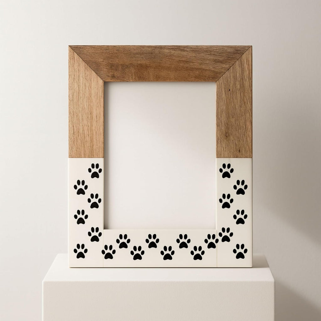 Wooden Picture Frame with Paw Print Design – Rustic Wood and Resin Photo Display for Wall or Tabletop – Sentimental Keepsake for Living Room, Bedroom or Office Home Decor – 10", White