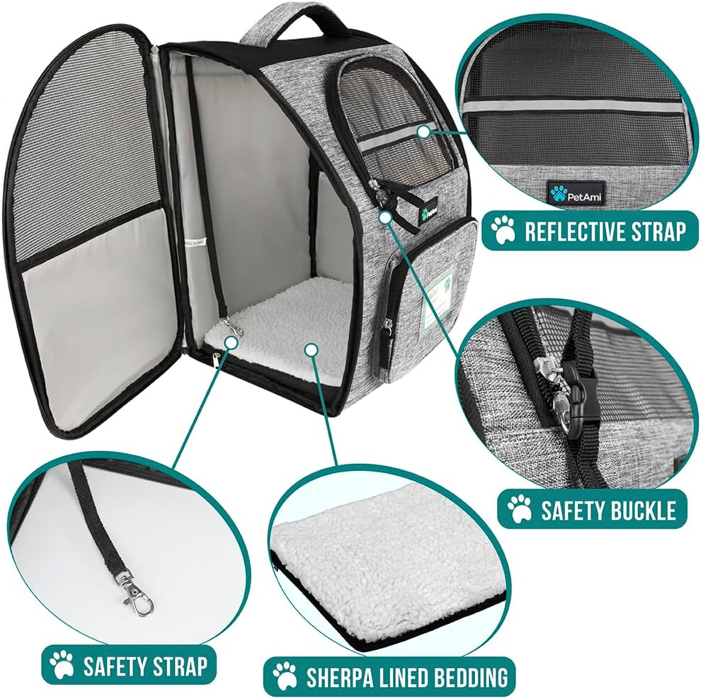 PetAmi Dog Backpack Carrier Airline Approved Cat Pet Puppy Bag, Grey