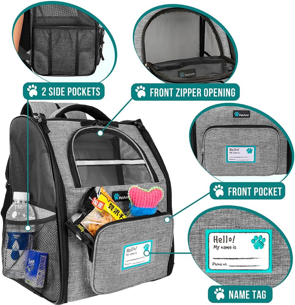 PetAmi Dog Backpack Carrier Airline Approved Cat Pet Puppy Bag, Grey