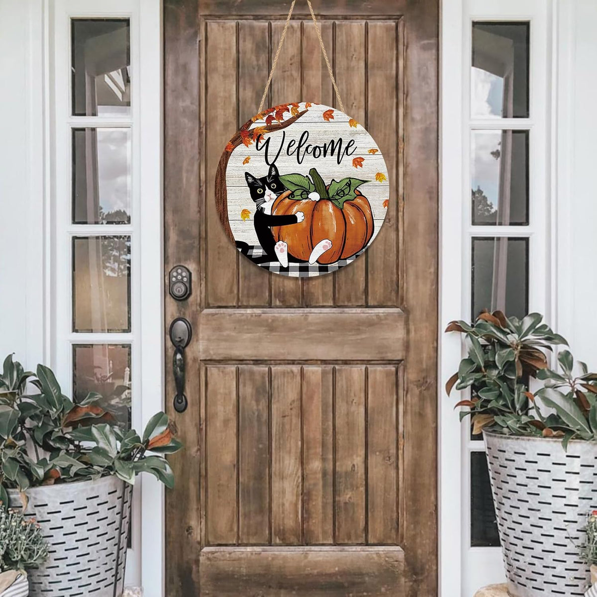 YINENA Welcome Fall Cat Door Sign Pumpkin Wood Door Hanger for Outdoor Outside Porch Autumn Seasonal Farmhouse Wooden Indoor Wall Hanging Decoration