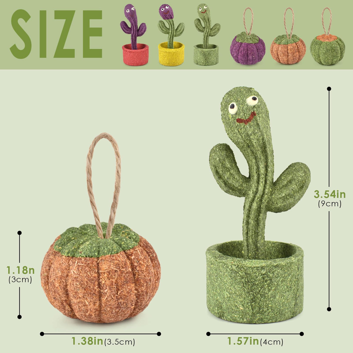 ERKOON 2Pcs Guinea Pig Chew Toys, Natural Timothy Grass & Vegetables Bunny Treats, Prevent Teeth Overgrowth, Small Animal Molar Toy for Rabbit, Hamster, Chinchilla, Gerbil Habitat Decor，Cactus-Shaped