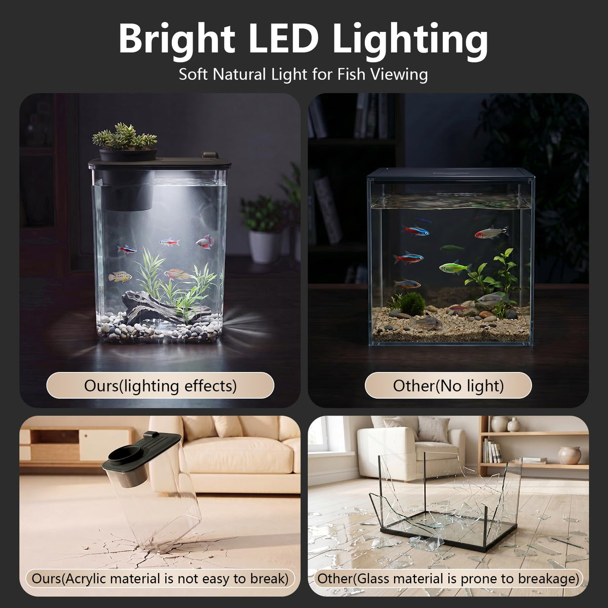 5 Gallon Fish Tank Aquarium Starter Kit with Filter and Light(Large Black)