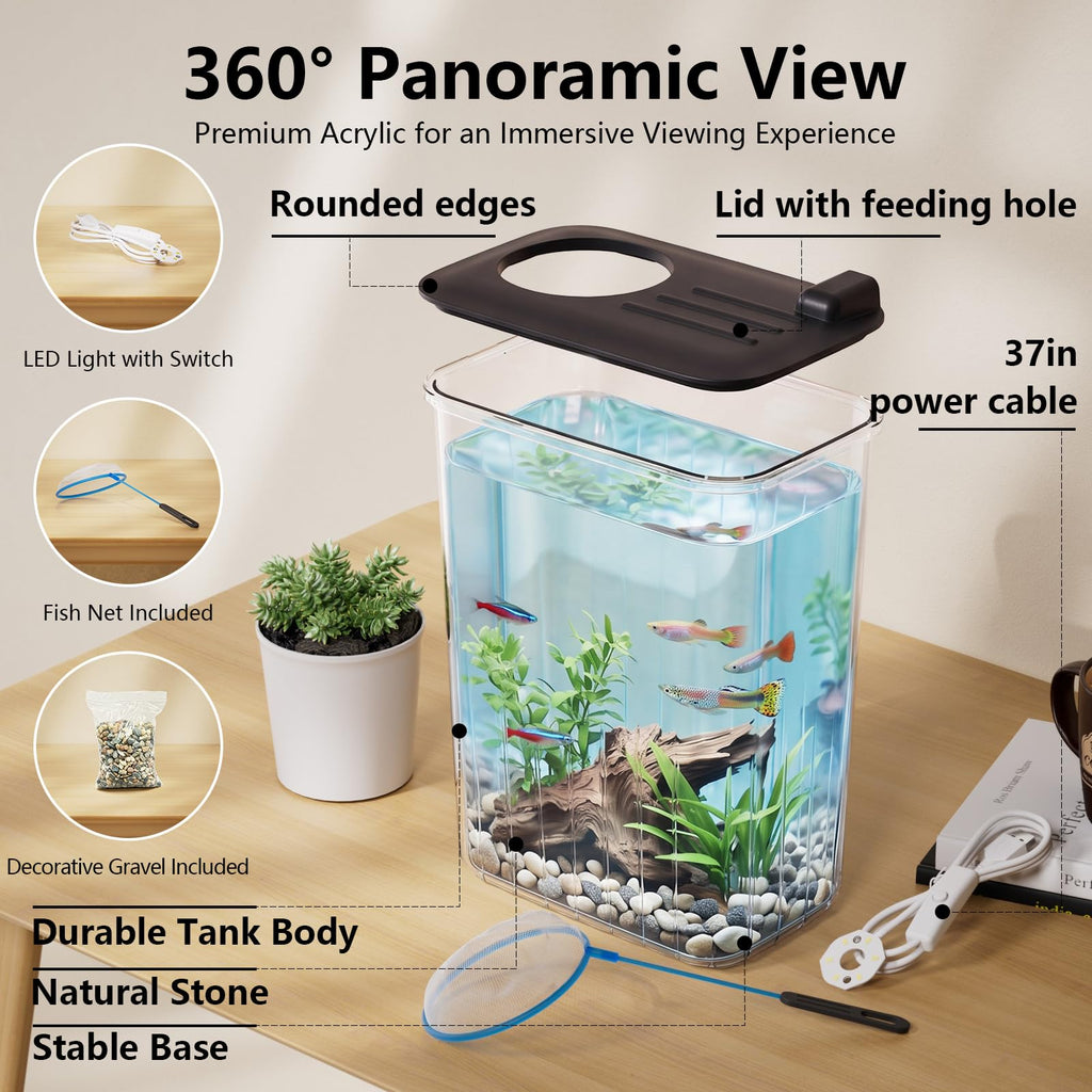 5 Gallon Fish Tank Aquarium Starter Kit with Filter and Light(Large Black)