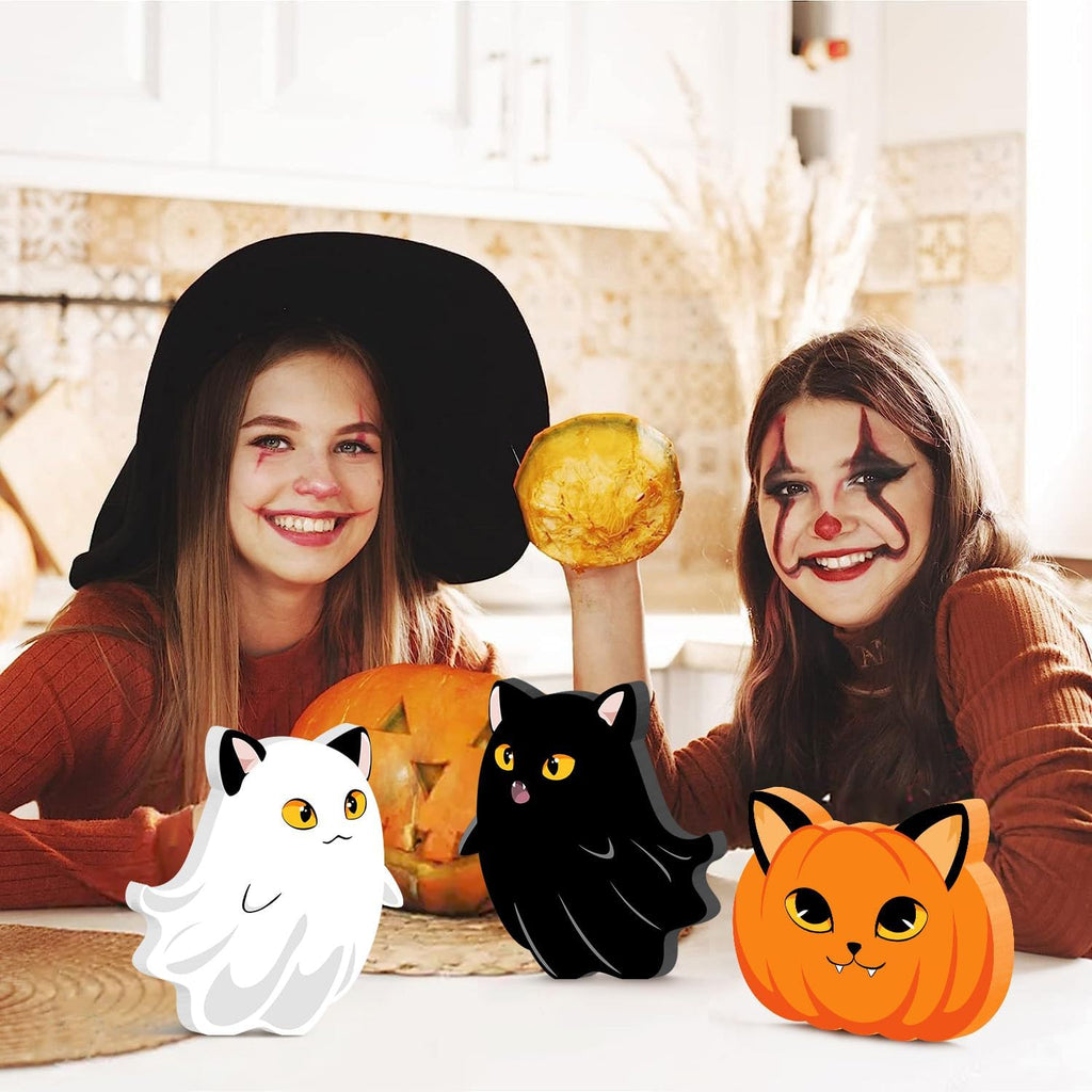 Halloween Cat Ghost Wooden Signs Pumpkin Decor, 3PCS Cute Halloween Table Signs Pumpkin Black Cat Freestanding Decorative Signs, Halloween Tiered Tray Centerpiece Indoor Home Decorations