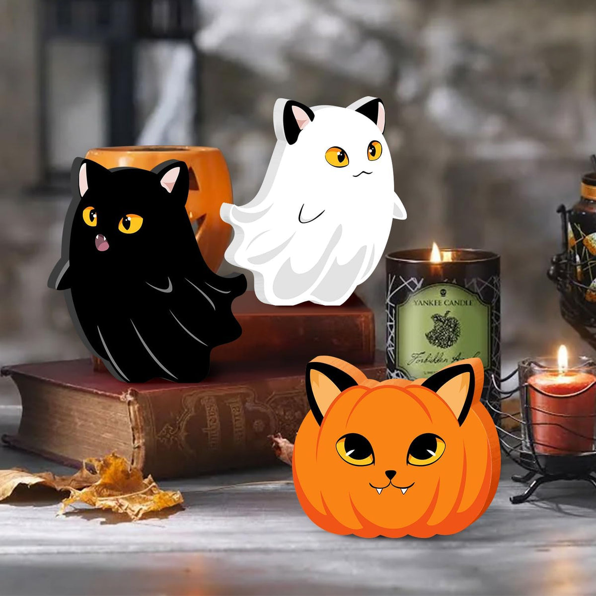 Halloween Cat Ghost Wooden Signs Pumpkin Decor, 3PCS Cute Halloween Table Signs Pumpkin Black Cat Freestanding Decorative Signs, Halloween Tiered Tray Centerpiece Indoor Home Decorations