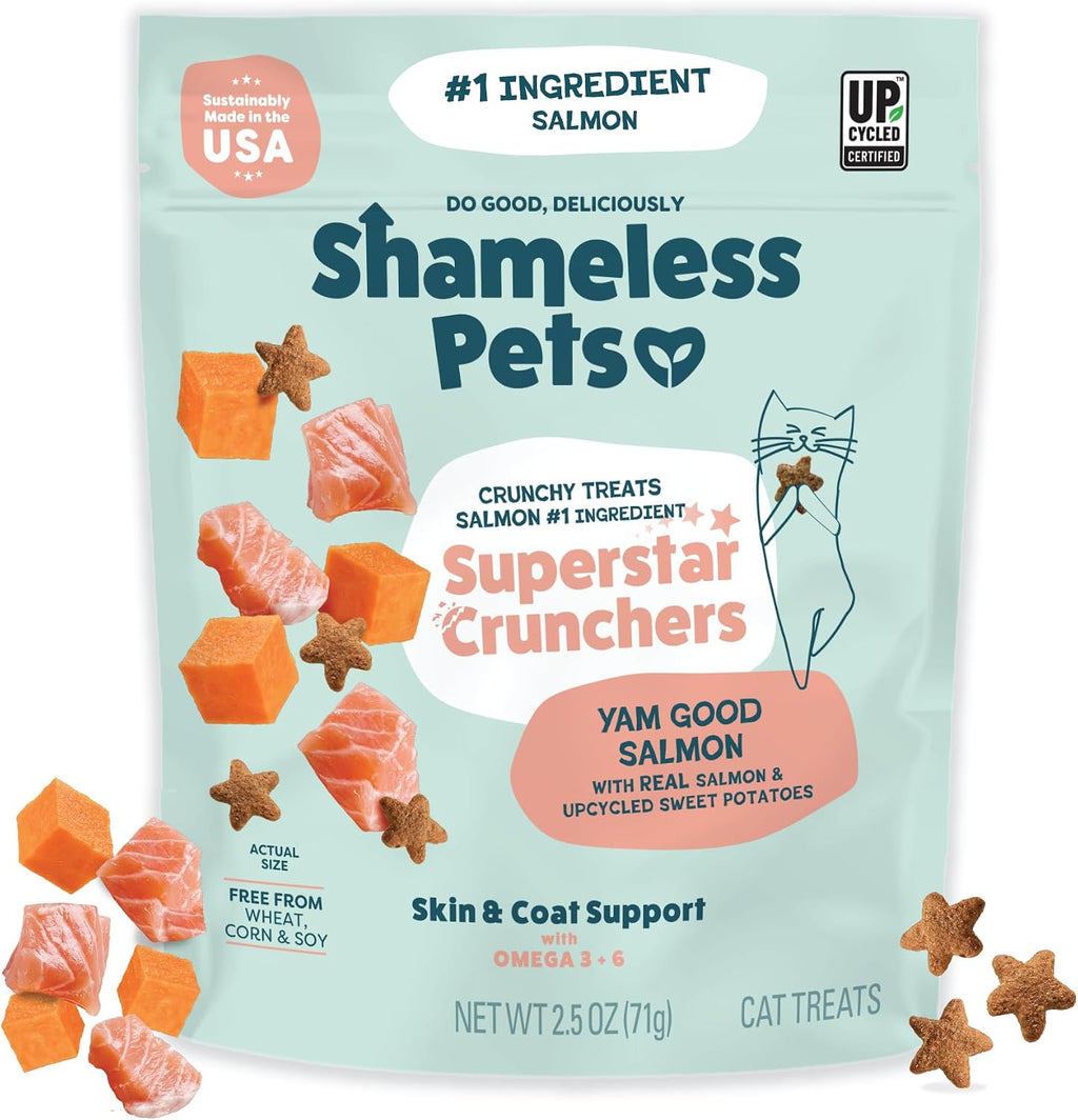 Shameless Pets Crunchy inCat Treats - Kitty Treats for Cats with Skin & Coat Support, Natural Ingredients Kitten Treats with Real Salmon, Healthy Flavored Feline Snacks - Yam Good Salmon, 1-Pk