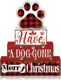Moucuny Christmas Dog Wood Sign 4 Tier, Farmhouse Table Block Plaid Paw