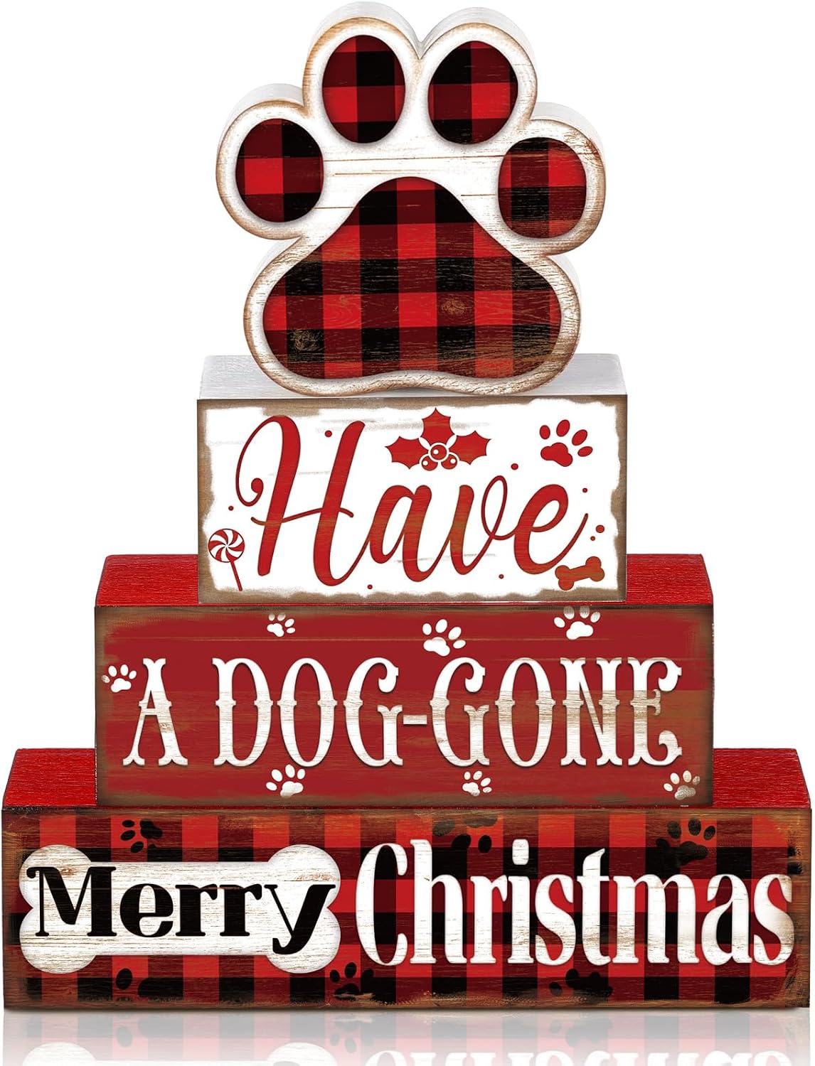 Moucuny Christmas Dog Wood Sign 4 Tier, Farmhouse Table Block Plaid Paw