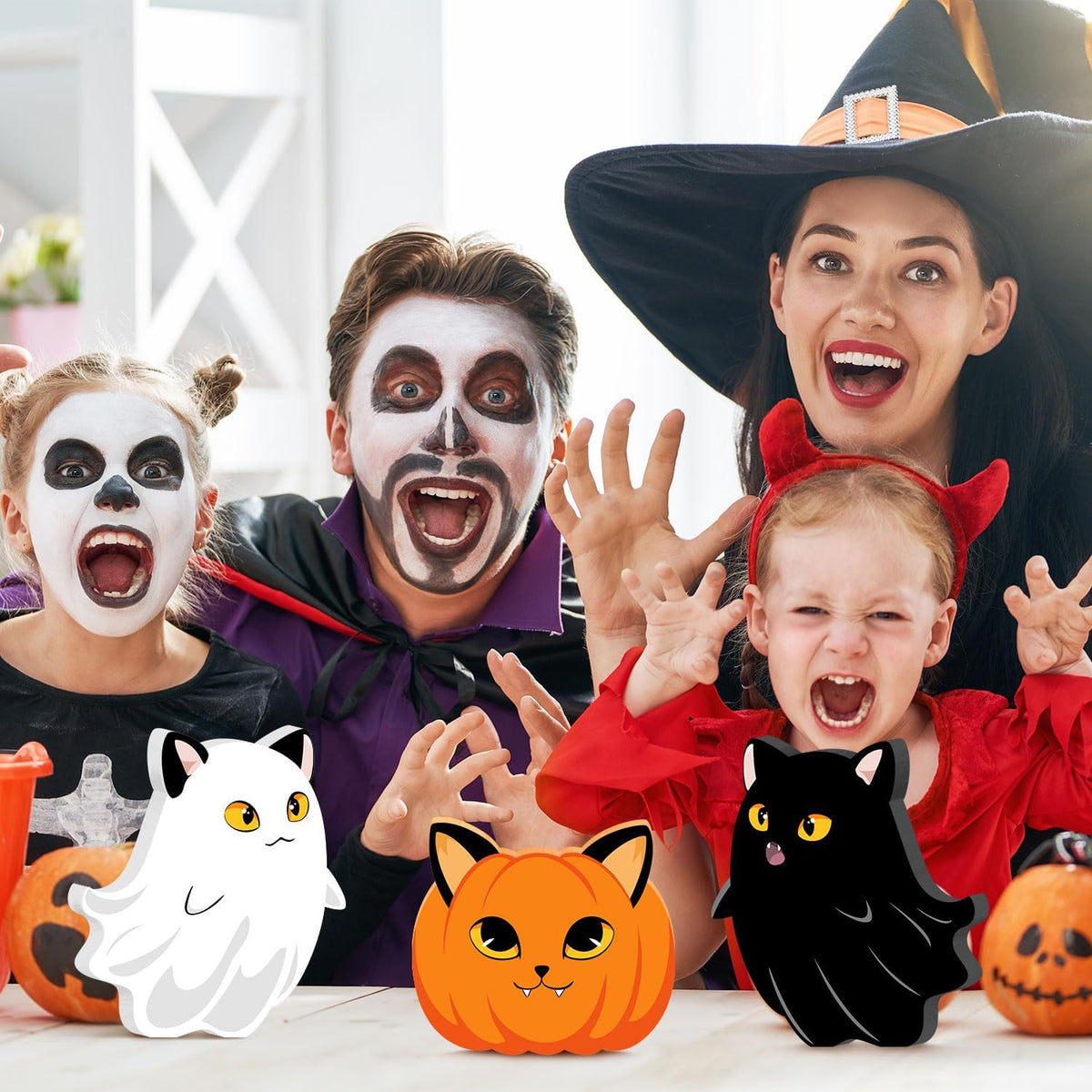 Halloween Cat Ghost Wooden Signs Pumpkin Decor, 3PCS Cute Halloween Table Signs Pumpkin Black Cat Freestanding Decorative Signs, Halloween Tiered Tray Centerpiece Indoor Home Decorations