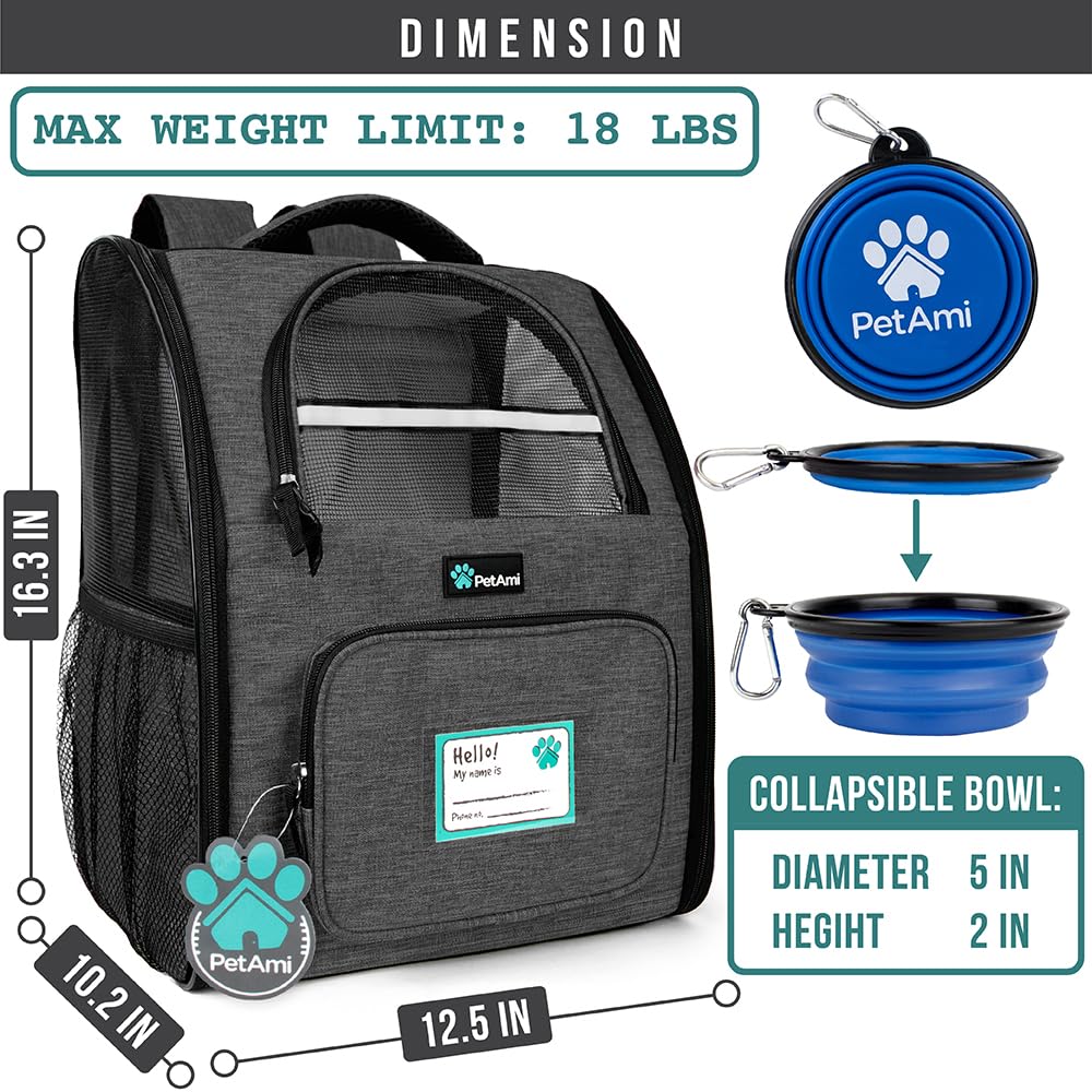 PetAmi Dog Backpack Carrier Airline Approved Cat Pet Puppy Bag, Grey