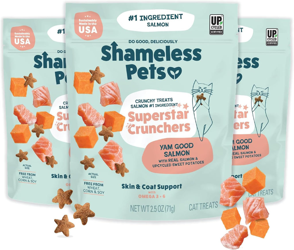 Shameless Pets Crunchy inCat Treats - Kitty Treats for Cats with Skin & Coat Support, Natural Ingredients Kitten Treats with Real Salmon, Healthy Flavored Feline Snacks - Yam Good Salmon, 1-Pk