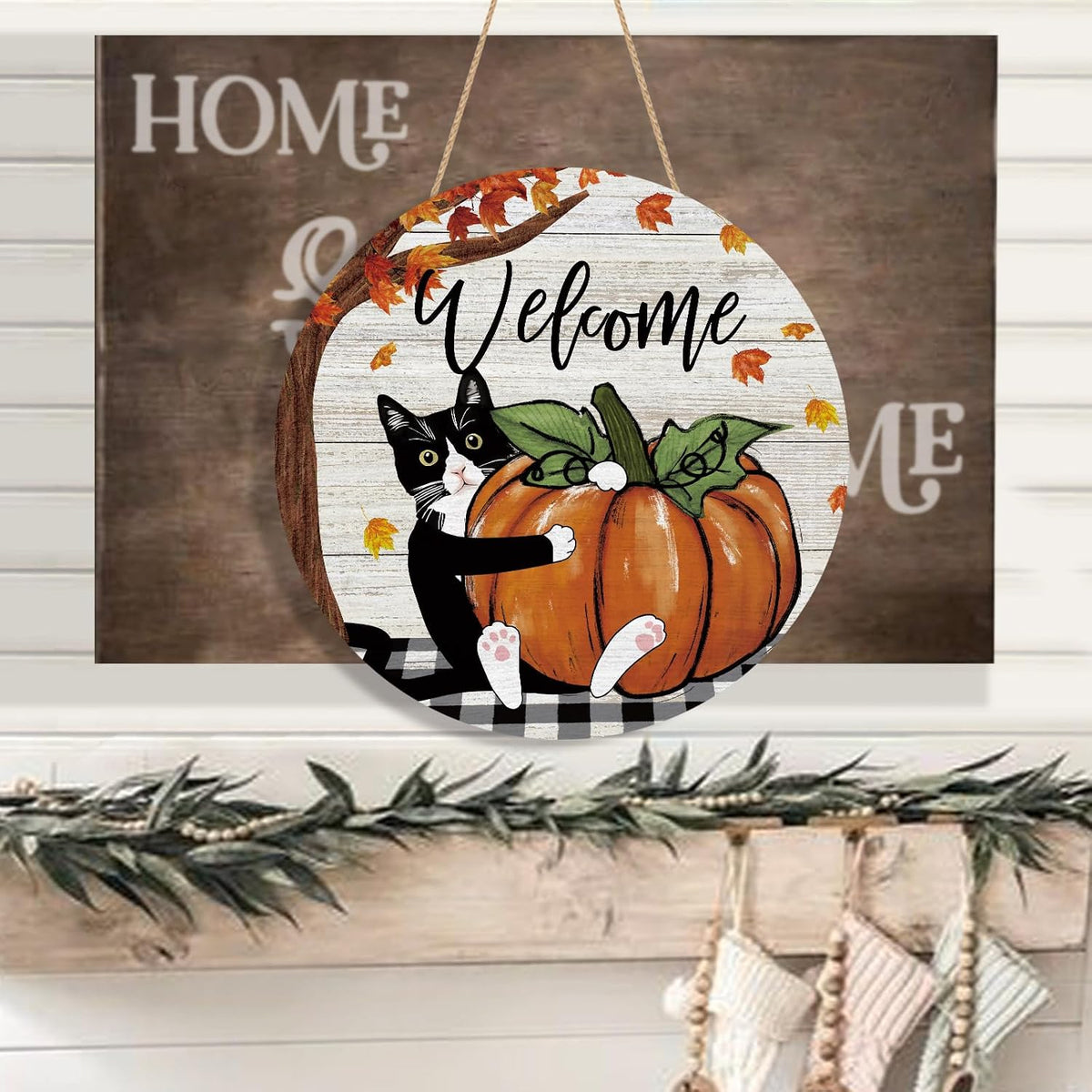 YINENA Welcome Fall Cat Door Sign Pumpkin Wood Door Hanger for Outdoor Outside Porch Autumn Seasonal Farmhouse Wooden Indoor Wall Hanging Decoration