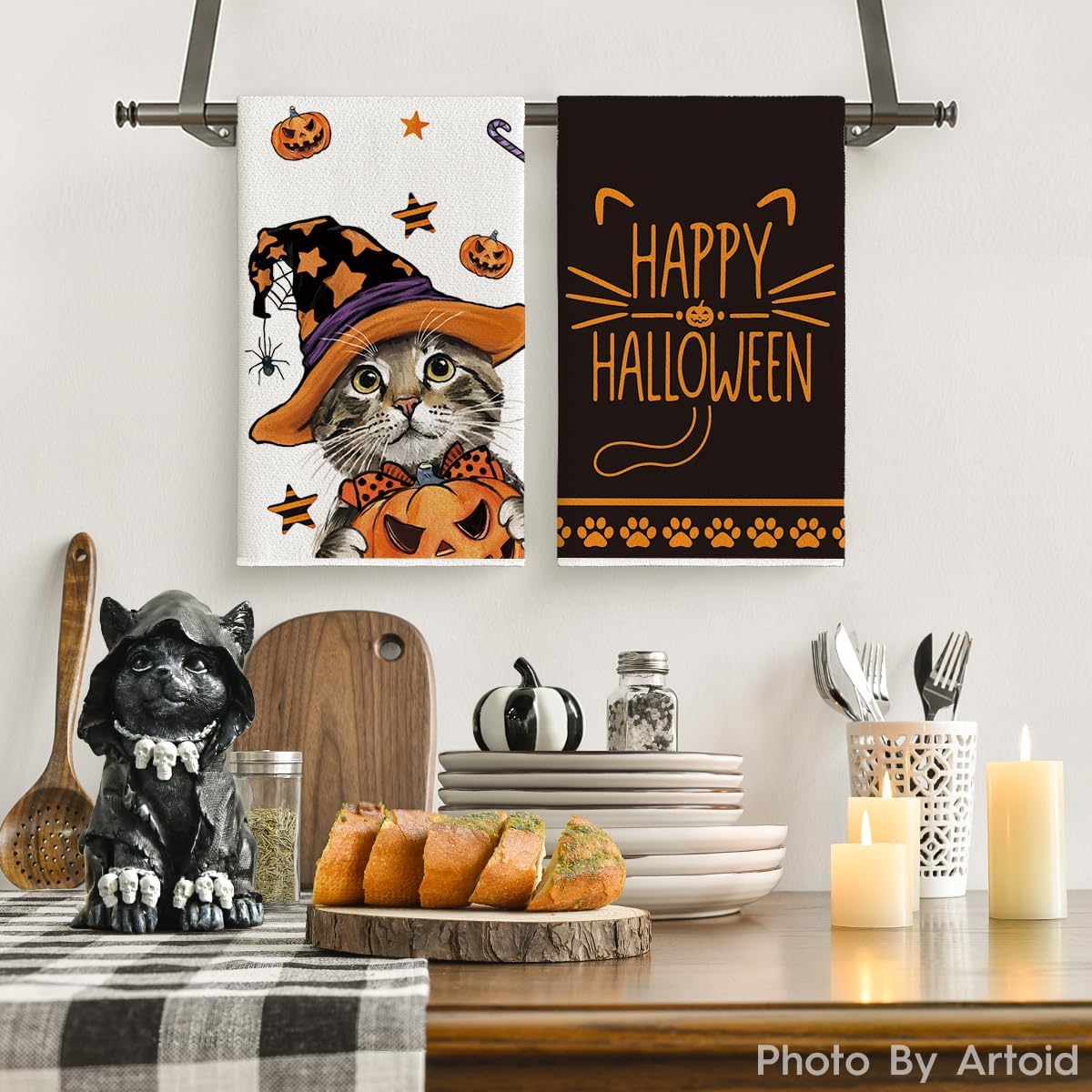 Artoid Mode Pumpkin Cat Halloween Kitchen Towels Set of 2 18x26 Inch