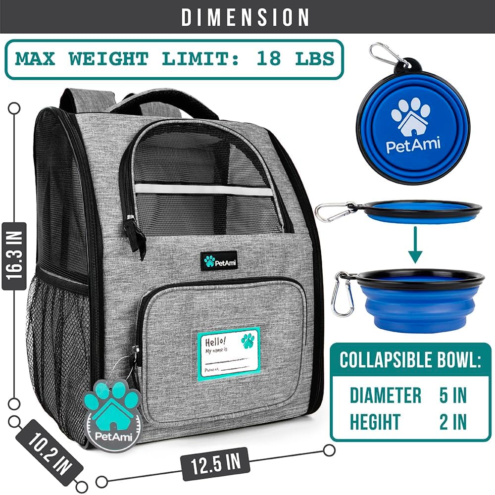 PetAmi Dog Backpack Carrier Airline Approved Cat Pet Puppy Bag, Grey